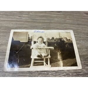 1950s Photo Cute Child  Wooden Highchair Vintage Old Outside on Sidewalk